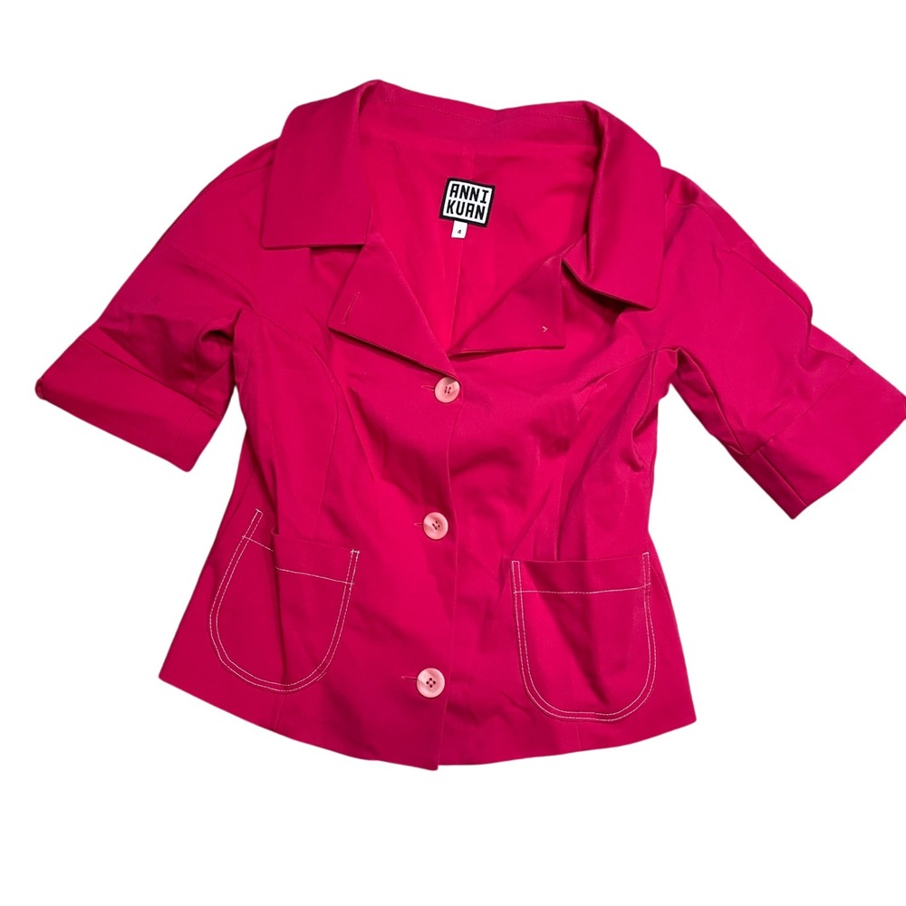 Anni Kuan‎ 4 Fushia Three Button Shirt 100% Polyester Lined Short Sleeve